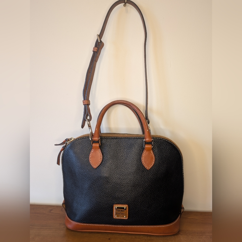 Dooney & Bourke Pebble Grain Zip Zip Satchel in Black with Brown trim